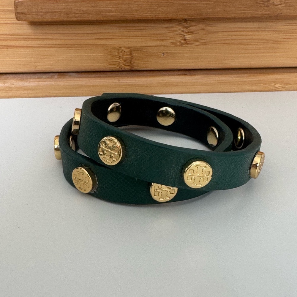 Tory Burch Green and Gold Studded Wrap Bracelet